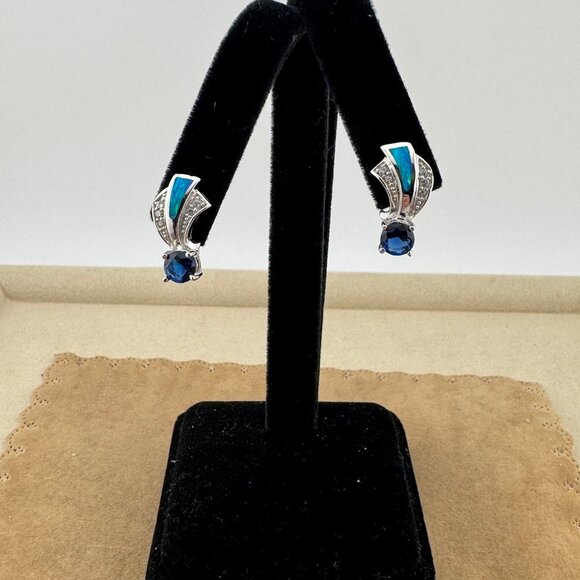 Sapphire & Australian Opal 925 Silver Earrings - Picture 2 of 5